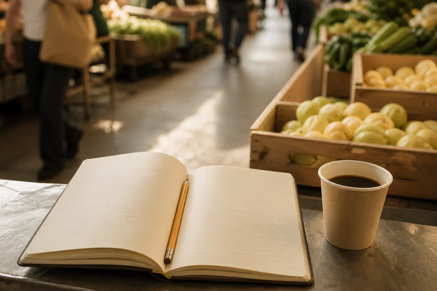 Open field notebook resting on a metal market ledge beside a paper cup of coffee, pencil tucked in the spine, blurred produce crates and shoppers passing in the background, morning light from a high window, 1400x933