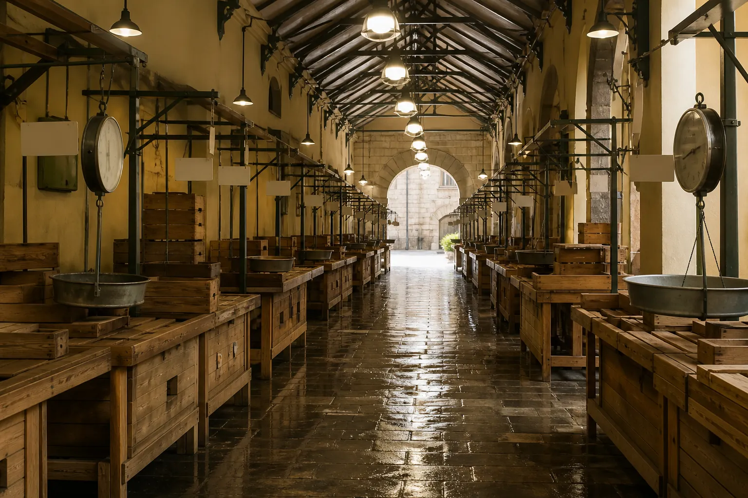 Long covered market aisle just after opening, pale daylight entering from a far stone arch, empty wooden stalls on both sides with metal scales and stacked crates, wet floor reflecting overhead lamps, no visitors yet in the corridor, 1920x1080