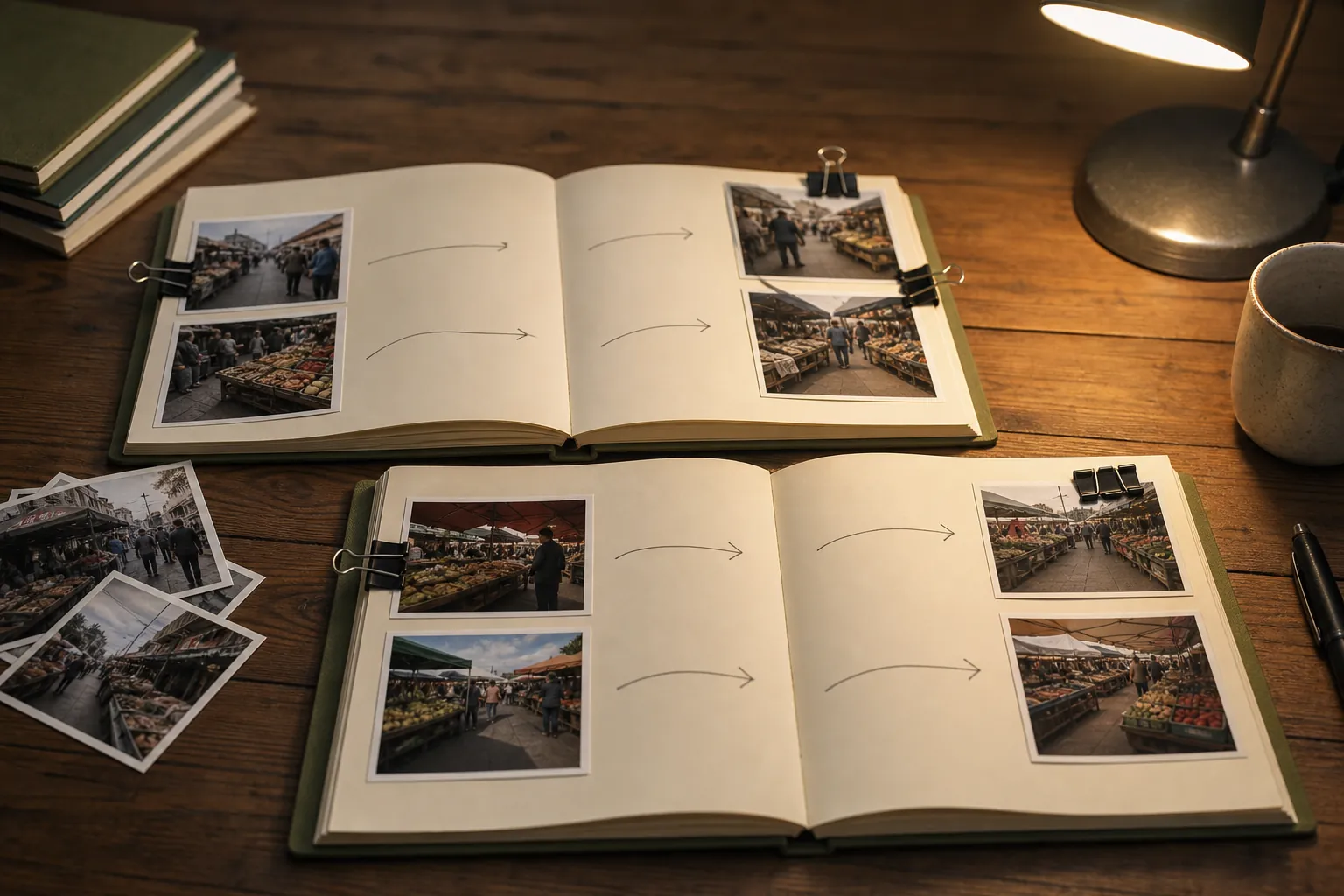 Desk with two open notebooks comparing market visit sequences, printed stall photos clipped beside handwritten arrows showing queue direction, reading lamp casting warm light, mug at the edge of the frame, 1400x933