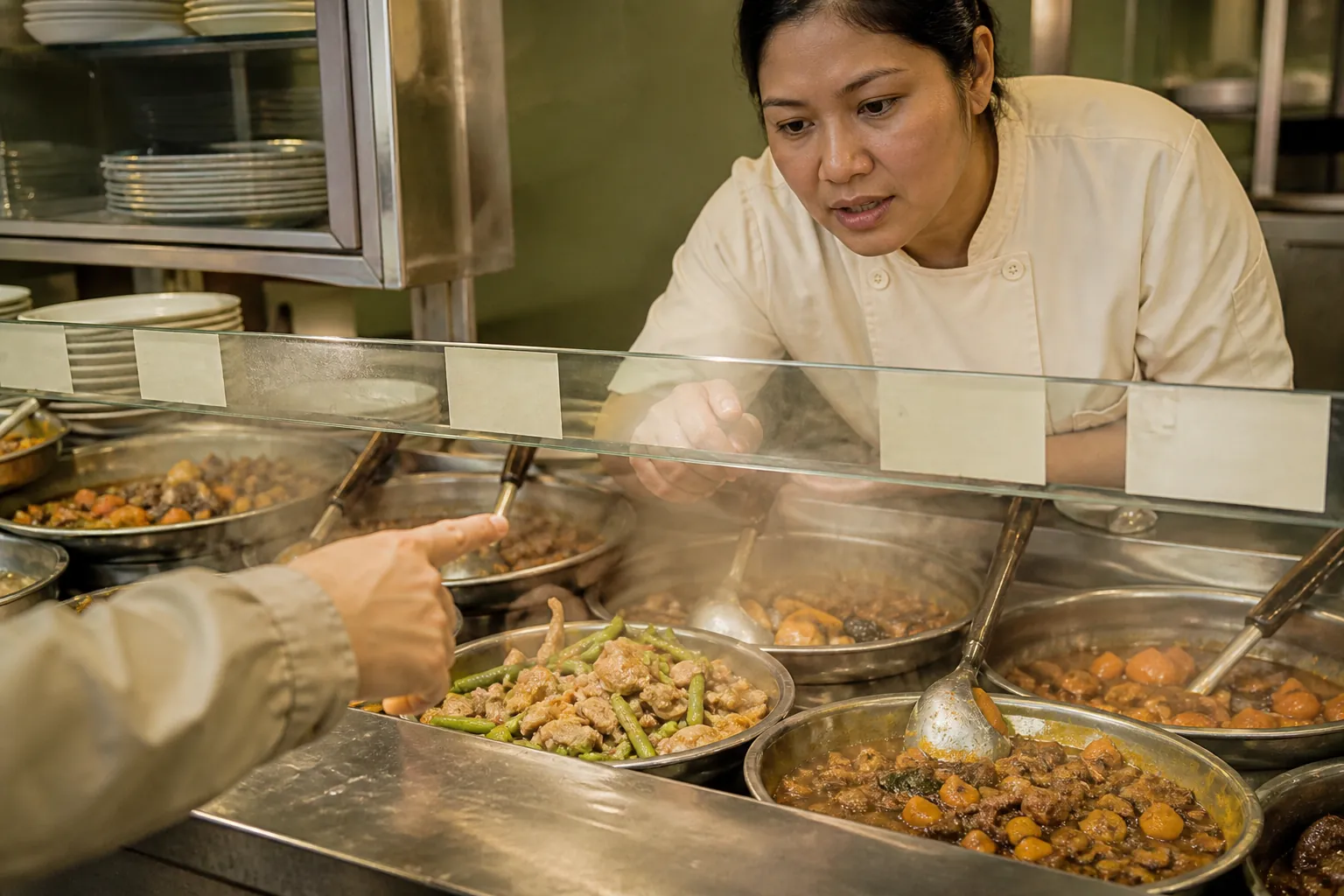 Close view of a visitor's hand pointing at a pan of ready food behind glass, seller leaning forward to confirm the choice, metal counter worn smooth by elbows, handwritten price tags taped to the glass edge, 1200x800