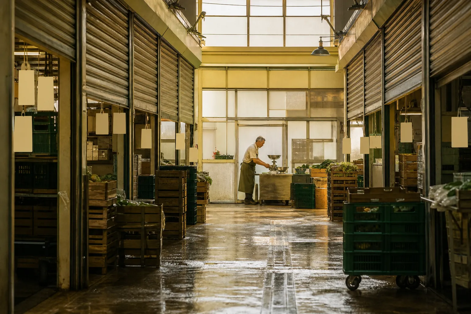 Empty covered market aisle in early morning light, shutters half raised on both sides, crates stacked but not yet unpacked, a single vendor arranging scales at the far end, polished floor still damp from cleaning, 1200x800