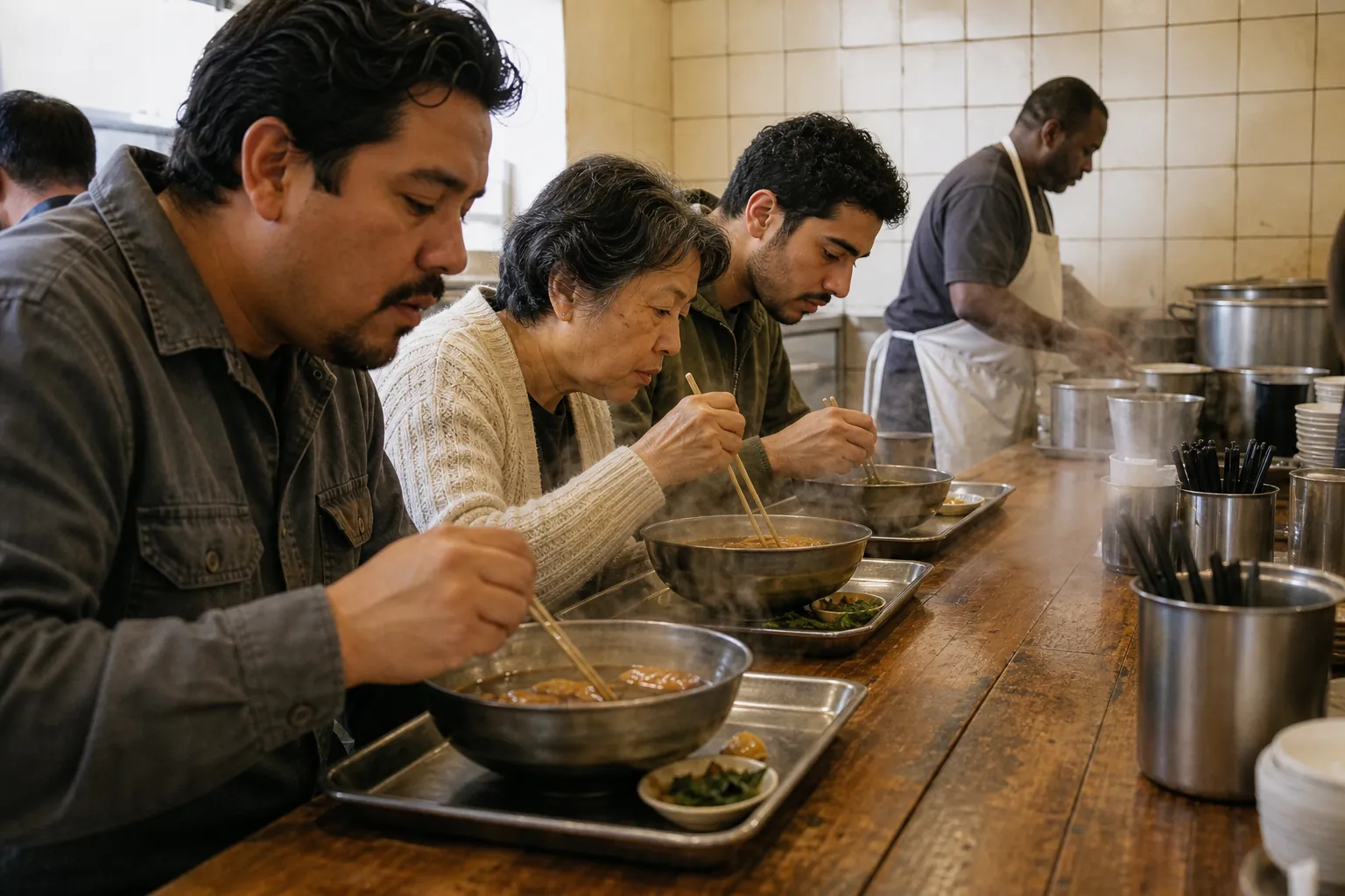 Neighborhood lunch counter at midday, a worn communal table with metal trays and steam rising from bowls, people standing shoulder to shoulder while eating, a cook at the far end facing the pots, tiled wall marked by years of service, 1400x933
