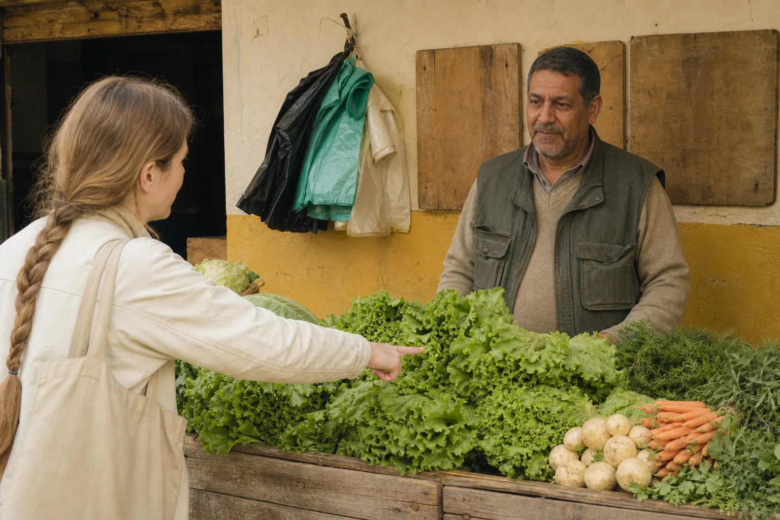 Outdoor produce stall seen from the queue, a visitor pointing at a pile of leafy greens while the seller waits behind a wooden counter, handwritten boards listing the day's items, plastic bags hanging from a nail, 1400x933