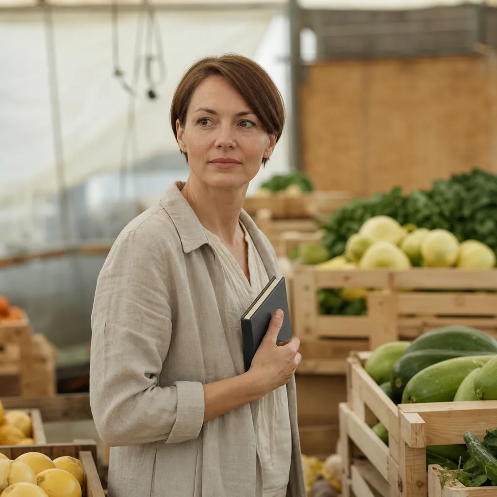 Elena Voss, a woman in her mid-forties with cropped chestnut hair and a linen jacket, standing beside a covered stall with a notebook in one hand, soft indoor market light on stacked crates, 400x400