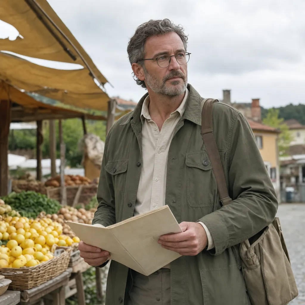 Marcus Hale, a man in his early fifties with silver-black hair and round glasses, holding a folded paper map beside an outdoor stall, canvas satchel on one shoulder, overcast daylight, 400x400