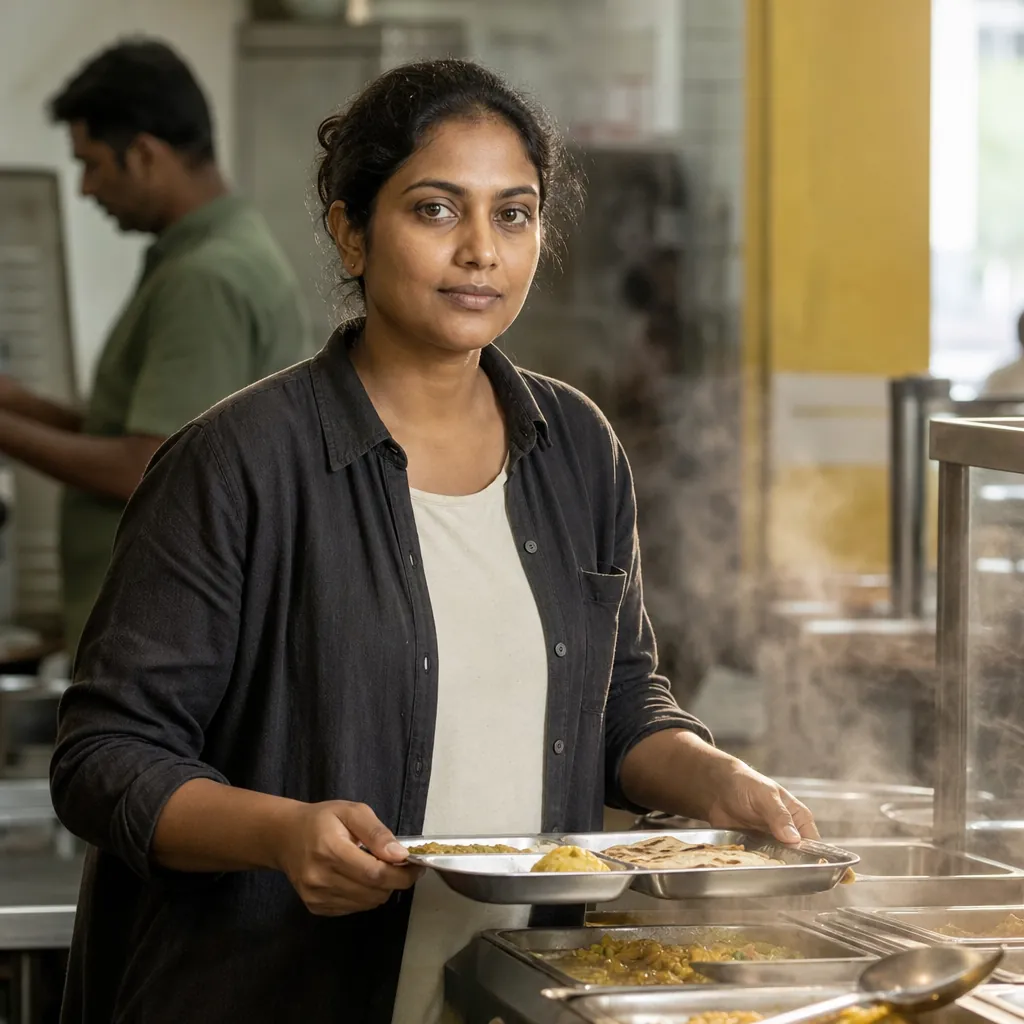 Priya Chandran, a woman in her thirties with dark hair tied back and a charcoal overshirt, standing at a ready-food counter with a metal tray, steam rising from pans behind her, 400x400