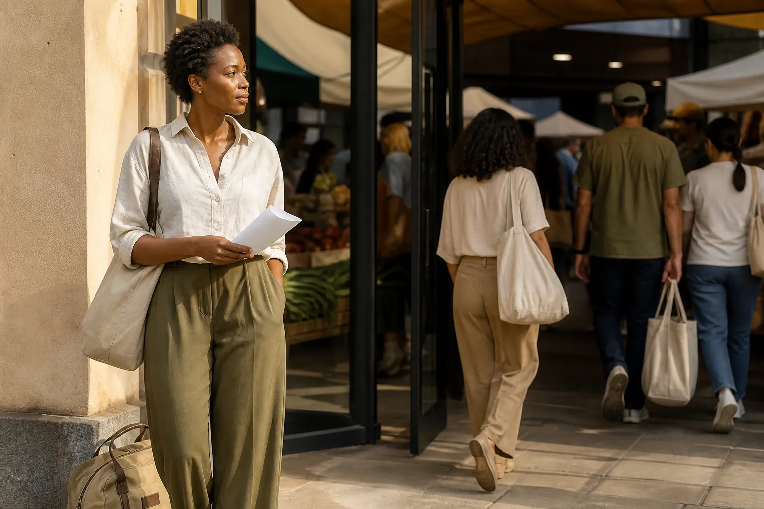 Small travel bag resting on the floor beside a market entrance, visitor holding a folded paper checklist in one hand, glass doors reflecting stalls inside, morning crowd entering with empty shopping totes, 1200x800